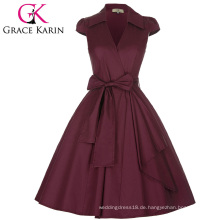 Grace Karin Cap Ärmel Reverskragen V-Ausschnitt High-Stretchy Wein Rot Retro Vintage 50er Jahre Kleid CL008953-3